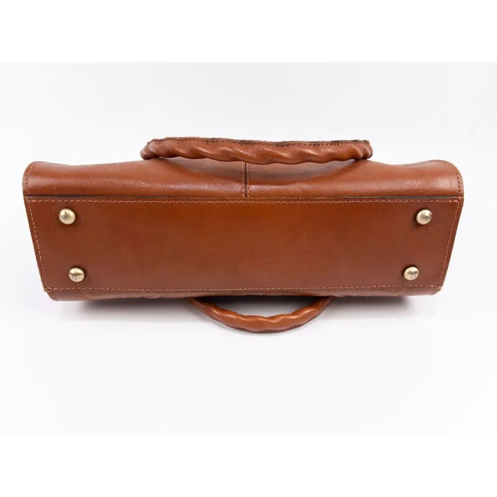 Patricia Nash Embossed Leather Satchel in Cognac Brown with Gold Accents